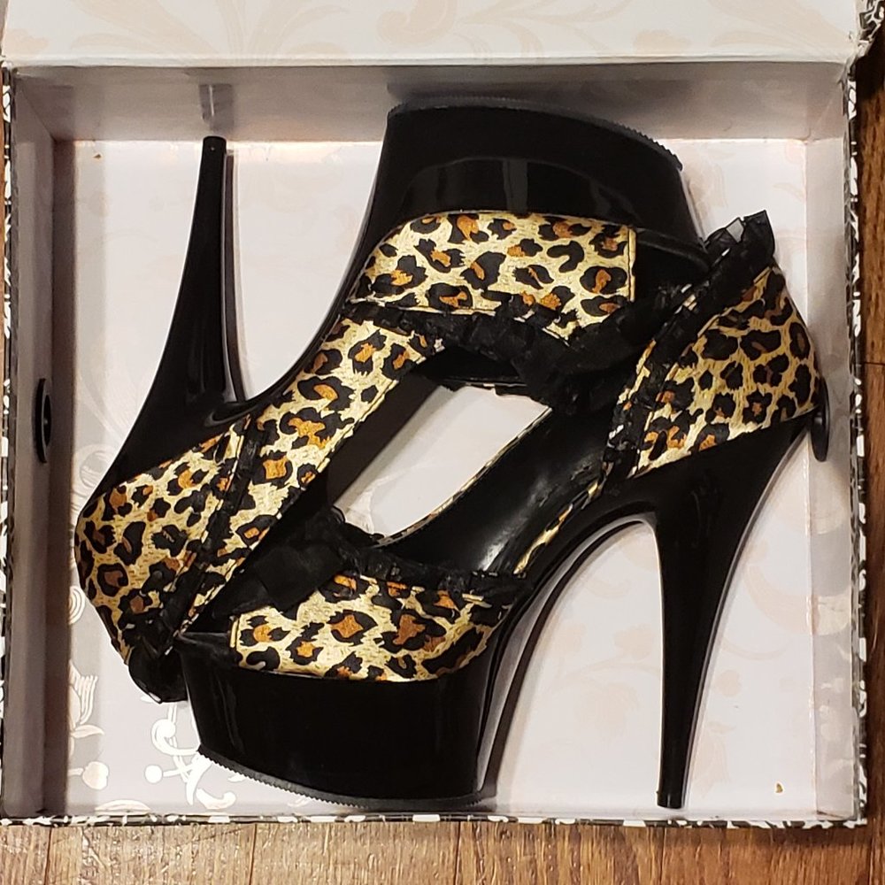Pleaser Leopard Pinup Platform Peeptoe Stiletto Heels with Ruffles